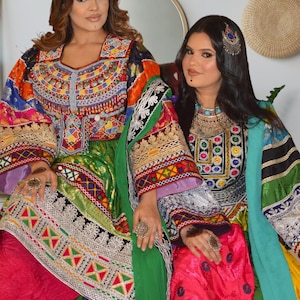 Handmade Afghan Gulebakhmal Dress – Multicolor Traditional Kuchi Attire with Mirror Work & Cherma Embroidered Sleeves – Ethnic Festival Wear