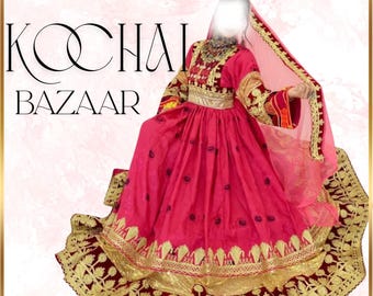 Handmade Afghan Kuchi Dress: Cherma Embroidery, Vintage Chestpiece