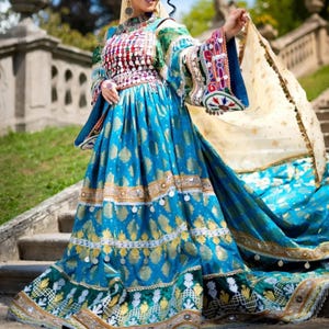 Afghan Kuchi Women’s Dress | Handmade Traditional Dress with Cherma Embroidery, Vintage Chestpiece & Tribal Coins