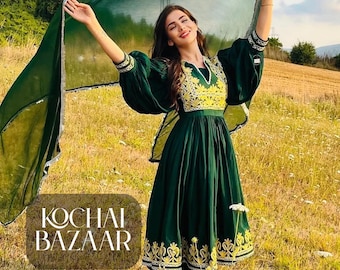 Handmade Afghan Kuchi Dress | Green Cherma Embroidered Outfit with Dupatta