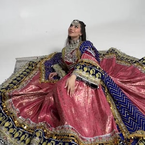 Luxurious Afghan Women&#39;s Traditional Ethnic Dress - Handmade Jamawar & Cherma with Coins,Vintage Chest Part | Elegant Bridal Gown