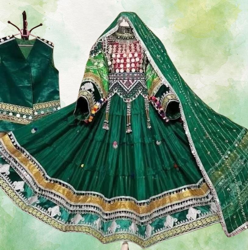 Afghan Women's Dress: Lelomitan Green Cherma Embroidery, Coins & Vest Afghan Women's Dress: Lelomitan Green Cherma Embroidery, Coins & Vest