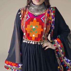 Handmade Afghan Black Georgette Dress – Traditional Kuchi Style with Cherma Embroidery, Vintage Coin-Adorned Chest & Lace Accents