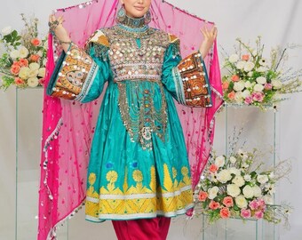 Vestido afgano Kuchi hecho a mano / Bordado Gulebakhmal Cherma, monedas y joyas