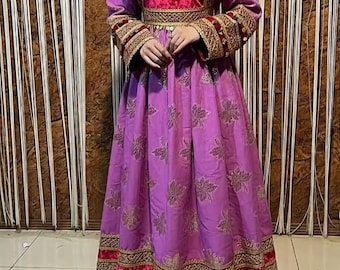 Elegant Afghan Kuchi Women’s Dress | Velvet Maroon Bodice & Purple Embroidered Skirt | Cherma-Style Detailing