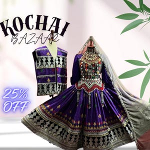 Afghan Kuchi Dress – Vintage Handmade Ethnic Dress with Coins, Charma Embroidery, Mirror Work & Chestpiece | Purple Festival Outfit