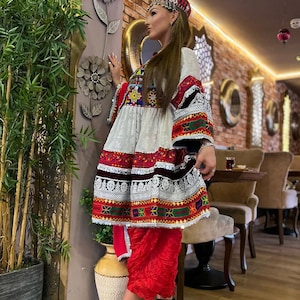 Handmade Afghani Jamawar Dress with Lace, Cherma Embroidery, Coins, and Embroidered Chest - Traditional Women&#39;s Ethnic Gown,Bohemian Tribal