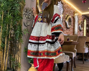 Handmade Afghani Jamawar Dress: Cherma Embroidery, Coins, Lace - Bohemian Gown