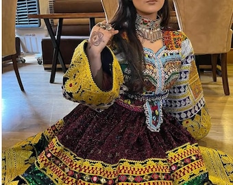 Handmade Zari Bakhmal Afghan Dress: Cherma Embroidery, Balochi Chestpiece