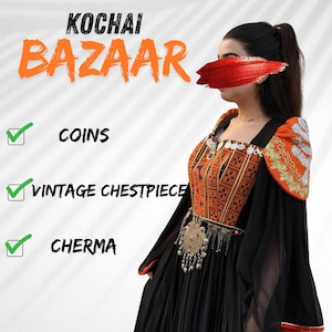 Handmade Women Afghan Kuchi Dress – Handmade Charma Embroidery, Tribal Coins & Vintage Chestpiece | Traditional Pashtun Ethnic Outfit