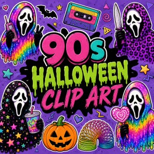 Könnte beinhalten: Eine digitale Grafik mit dem Text 90s HALLOWEEN CLIP ART in Pink und Grün. Das Design zeigt vier maskierte Gestalten mit Kapuzen, eine Kassette, einen Kürbis, eine Regenbogen-Spirale, einen Herz-Lutscher und einen Becher auf violettem Grund.