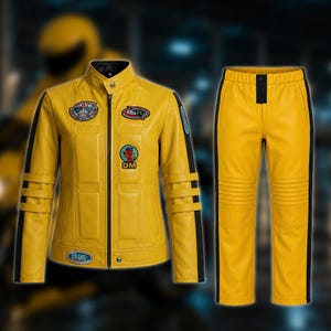 Unisex Kill Bill gelber Lederanzug | Braut-Cosplay-Kostüm | Beatrix Kiddo Jacke und Hose | Halloween-Film-Outfit