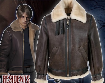 Leon Kennedy Brown Leather Jacket – RE4 Remake B3 Bomber Costume Cosplay Fur Collar