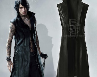 DMC 5 V long Black Leather Vest | Devil May Cry Gothic Lace Up Coat