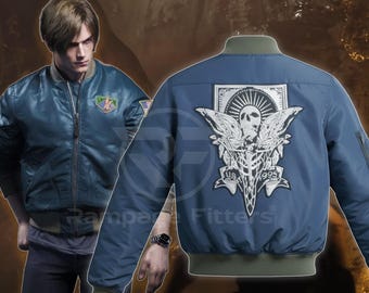 Leon Kennedy Satin Bomber Jacket - RE4 Blue Skull Jacket