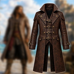 Long Pirate Trench Coat Renaissance Medieval Jacket Distressed Brown Leather Tailcoat | Men's Steampunk Gothic Overcoat