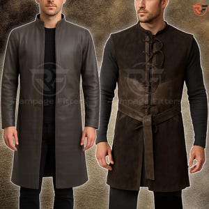 Medieval Ranger Cosplay Set Inspired by Aragorn – Leather Duster Coat and Suede Vest – Fantasy Jerkin and Coat for LARP & Renaissance