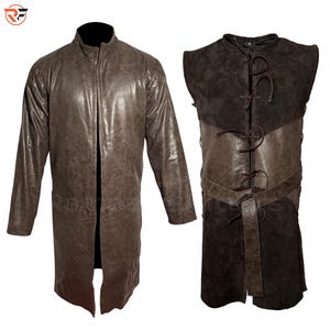 May include: Two brown leather garments. On the left is a long coat with a high collar and a full-length zipper. On the right is a sleeveless vest with a laced closure and a belt. Both garments have a distressed leather appearance.