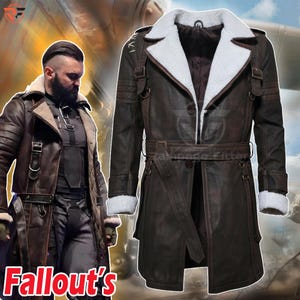 May include: A brown leather coat with a white fur collar and lining. The coat has a belt, straps, and a button closure. The text "Fallout's" is visible in the lower left corner. The coat is designed with a vintage aesthetic.