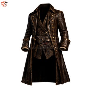 May include: A long, dark brown distressed leather coat featuring a structured collar, double-breasted brass button detailing, and wide cuffs. The garment includes a fitted waist with a prominent brass buckle belt and a layered front panel design.