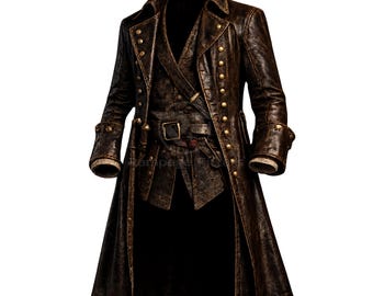 Herren-Piratenjacke aus braunem Leder im Used-Look | Mittelalterlicher langer Kapitänsmantel | Vintage-Freibeuterjacke in Braun | Robustes Steampunk-Outfit
