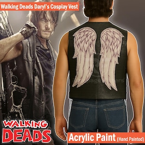 Daryl Dixon Leather Vest - Handmade Black Biker Vest - Walking Dead Cosplay Costume - Acrylic Painted Angel Wings Vest for Men