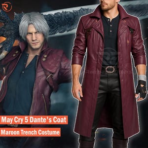 May Cry Inspired Dante Maroon Trench Coat | Devil Hunter Cosplay Costume for Men | Long Leather Jacket | Fantasy Gamer Outfit