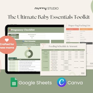 May include: A digital toolkit for new parents, featuring a pregnancy checklist, diaper bag packing list, and feeding schedule. The toolkit is designed to be used with Google Sheets and Canva.