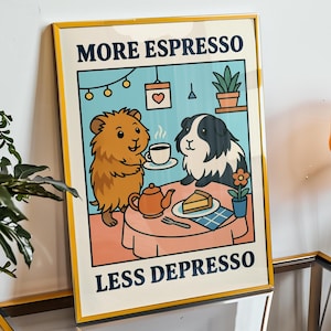 Póster "Más espresso, menos depresso", póster de conejillo de indias, impresión artística para pared de cocina, póster de cafetería, decoración de dopamina, descarga digital