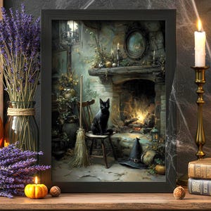 Black Cat Print, Witchy Wall Art, Mystical Halloween Poster, Gothic Witchcore Decor, Whimsigoth Dark Academia Home Art PHYSICAL PRINT