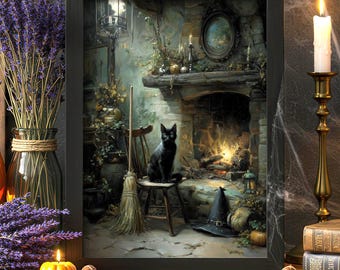 Black Cat Print, Witchy Wall Art, Mystical Halloween Poster, Gothic Witchcore Decor, Whimsigoth Dark Academia Home Art PHYSICAL PRINT