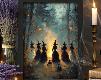 Witchy Wall Art, Black Cat Print, Mystical Coven Halloween Poster, Gothic Witchcore Decor, Whimsigoth Dark Academia Art, PHYSICAL PRINT