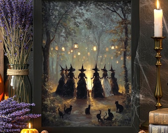 Witchy Wall Art, Black Cats Mystical Coven, Halloween Poster, Gothic Witchcore Decor, Whimsigoth Dark Academia Print, PHYSICAL PRINT