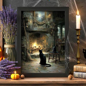 Black Cat Print, Witchy Wall Art, Mystical Halloween Poster, Gothic Witchcore Decor, Whimsigoth Dark Academia Fireplace Art, PHYSICAL PRINT