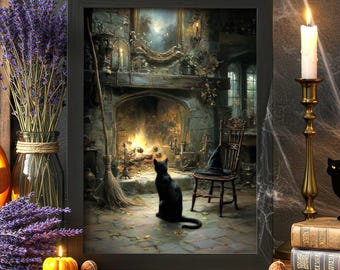 Black Cat Print, Witchy Wall Art, Mystical Halloween Poster, Gothic Witchcore Decor, Whimsigoth Dark Academia Fireplace Art, PHYSICAL PRINT