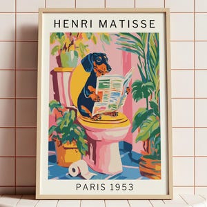 Christmas Dachshund Art Print Inspired By Matisse Funny Guest Bathroom Mailed Gift For Dog Lovers Quirky Dog Bathroom Wall Poster