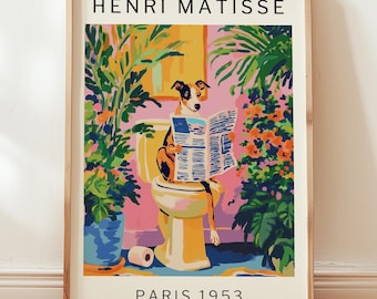 Funny Dog on Toilet Poster, Whippet Matisse Print, Tropical Bathroom Wall Art, Dopamine Decor, Playful Dog Gift, PHYSICAL PRINT
