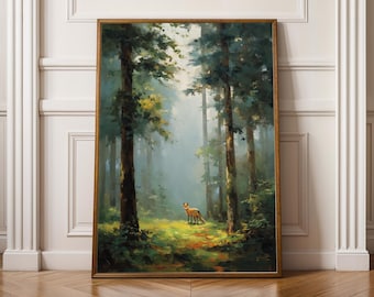 May include: A framed landscape painting shows a tranquil forest scene. The artwork features tall trees with green foliage and brown trunks, with a fox in the distance. The painting has a warm colour palette.