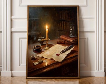 May include: A framed wall art print depicting a dark, moody study scene with a lit candle in a brass holder, an inkwell, a quill pen resting on a piece of parchment with a red wax seal, stacked leather-bound books, and an hourglass.