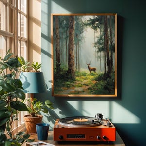 Stag in Forest, Pine Forest Wall Art, Cottagecore Decor, Green & Brown Decor, Living Room Wall Art, Fall Style Gift, Autumn Host Gift image 8