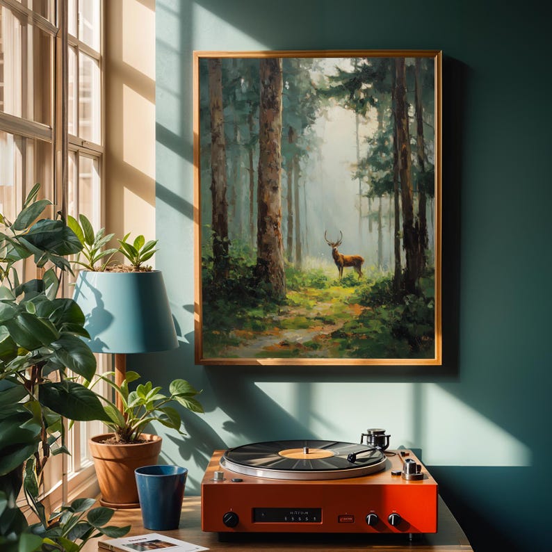 Stag in Forest, Pine Forest Wall Art, Cottagecore Decor, Green & Brown Decor, Living Room Wall Art, Fall Style Gift, Autumn Host Gift image 8