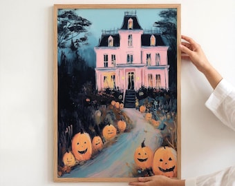 Pink Halloween Wall Art Printable Spooky Haunted House Pink Goth Digital Download Cute Halloween Decor Dorm Entryway Living Room Art Print