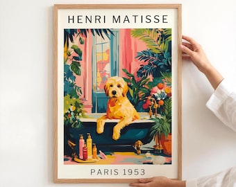 Funny Golden Doodle Dog Wall Art Matisse Style Christmas Gift for Co-Worker Secret Santa Bathroom Decor for Dog Lovers Unique Holiday Print