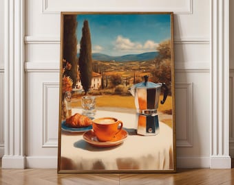 Italian Countryside Scene, Art Print, Orange & Blue Decor, Kitchen Wall Art, Gift for coworker, White Elephant Gift, Breakfast Bar Poster