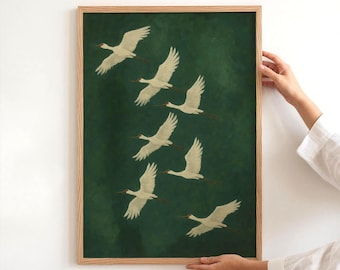 Arte mural japonés Grullas Japandi Decoración de pared con aves Obra de arte de grulla zen Póster de grulla verde Impresión para hogar, oficina y dormitorio tranquilos