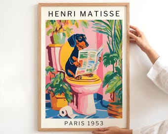 Quirky Dog Bathroom Wall Poster Dachshund Art Print Inspired By Matisse Funny Guest Bathroom Birthday Gift for Dog Lovers, PHYSICAL PRINT
