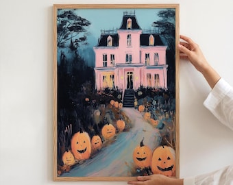 Pink Halloween Wall Art Haunted House Pink Goth Poster Cute Halloween Decor for Dorm Living Room Entryway Pastel Spooky Fall Print