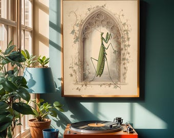 Praying Mantis Wall Art Gothic Insect Print Dark Academia Decor Halloween Nature Illustration Entomology Bug Artwork Vintage Plate Style