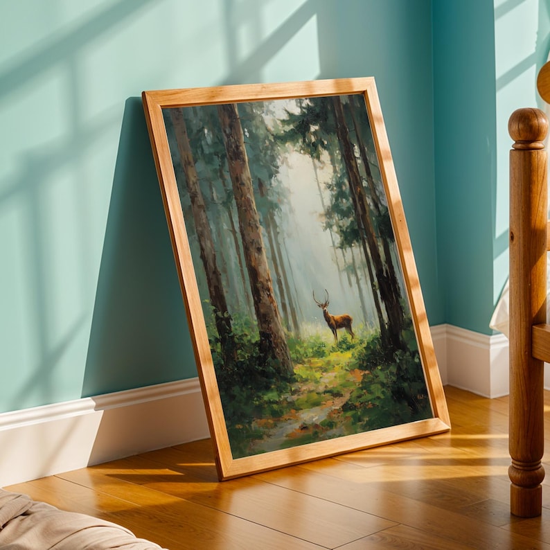 Stag in Forest, Pine Forest Wall Art, Cottagecore Decor, Green & Brown Decor, Living Room Wall Art, Fall Style Gift, Autumn Host Gift image 4
