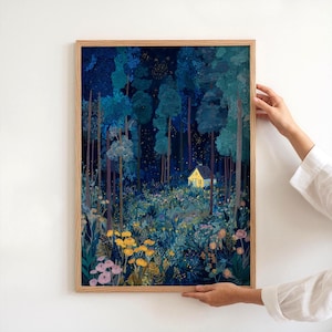 Firefly Forest Wall Art Print, Starry Wildflower Woods Poster, Cottagecore Cabin Wall Art, Mystical Night Sky Decor, PHYSICAL PRINT